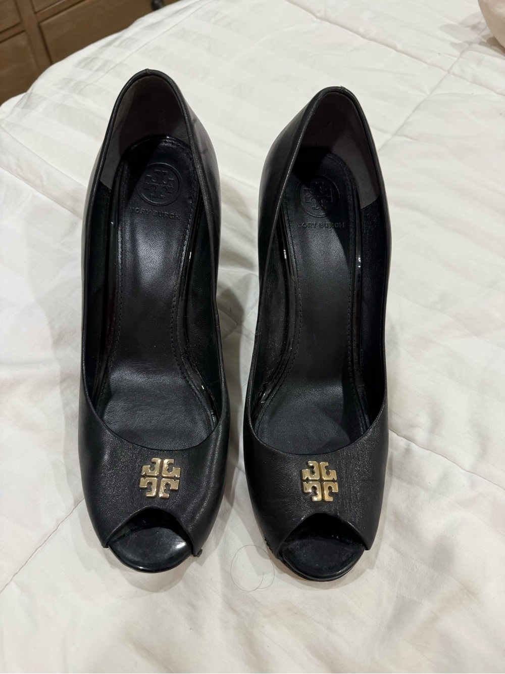 Tory Burch Black Leather Peep-Toe Heels with Gold Logo Accent